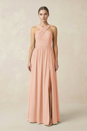 Cross Halter Neck Chiffon A-Line Bridesmaid Dress With Slit in English Rose - KissProm BRIDESMAID DRESSES