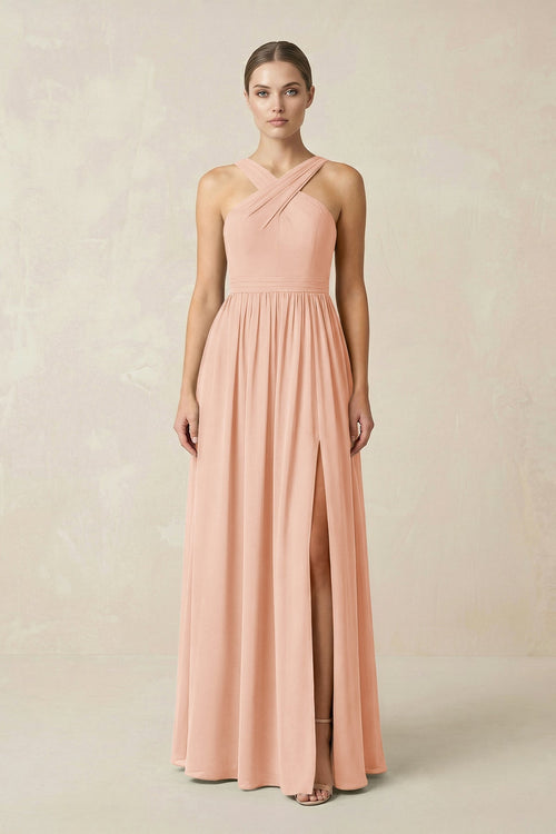Cross Halter Neck Chiffon A-Line Bridesmaid Dress With Slit in English Rose - KissProm BRIDESMAID DRESSES
