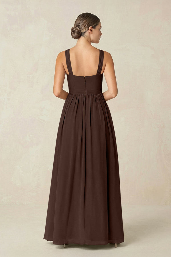 Cross Halter Neck Chiffon A-Line Bridesmaid Dress With Slit in Espresso - KissProm BRIDESMAID DRESSES