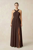 Cross Halter Neck Chiffon A-Line Bridesmaid Dress With Slit in Espresso - KissProm BRIDESMAID DRESSES
