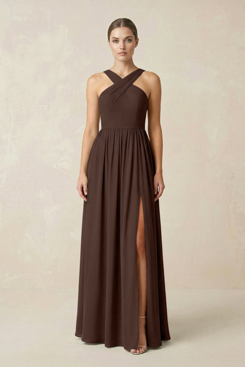 Cross Halter Neck Chiffon A-Line Bridesmaid Dress With Slit in Espresso - KissProm BRIDESMAID DRESSES