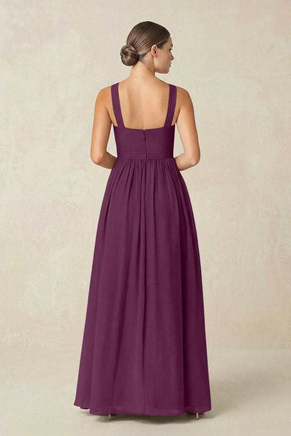 Cross Halter Neck Chiffon A-Line Bridesmaid Dress With Slit in Fig - KissProm BRIDESMAID DRESSES