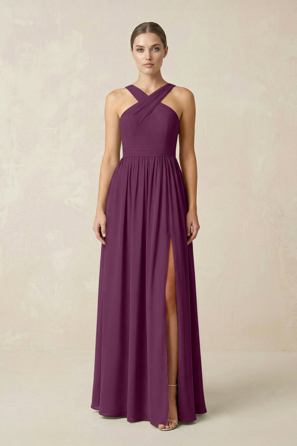 Cross Halter Neck Chiffon A-Line Bridesmaid Dress With Slit in Fig - KissProm BRIDESMAID DRESSES