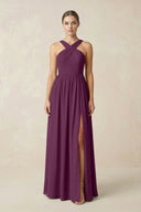 Cross Halter Neck Chiffon A-Line Bridesmaid Dress With Slit in Fig - KissProm BRIDESMAID DRESSES