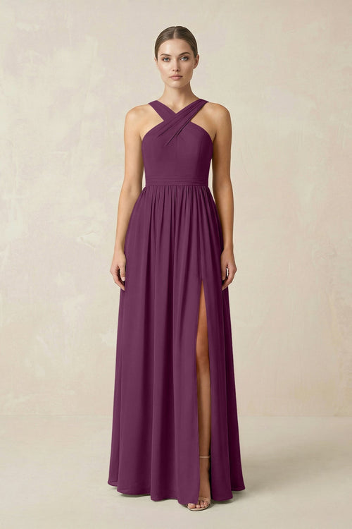 Cross Halter Neck Chiffon A-Line Bridesmaid Dress With Slit in Fig - KissProm BRIDESMAID DRESSES