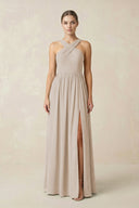 Cross Halter Neck Chiffon A-Line Bridesmaid Dress With Slit in Frost - KissProm BRIDESMAID DRESSES