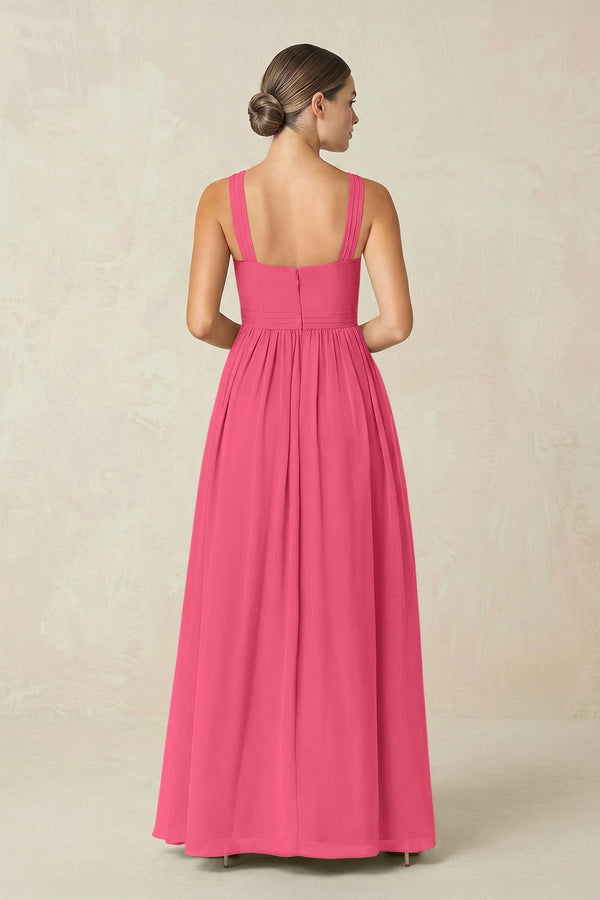 Cross Halter Neck Chiffon A-Line Bridesmaid Dress With Slit in Fuchsia - KissProm BRIDESMAID DRESSES