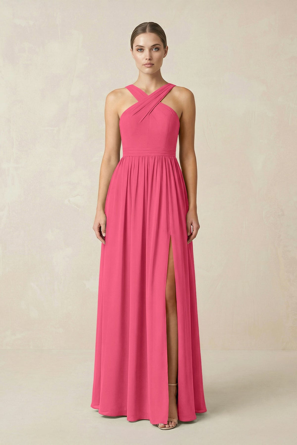 Cross Halter Neck Chiffon A-Line Bridesmaid Dress With Slit in Fuchsia - KissProm BRIDESMAID DRESSES