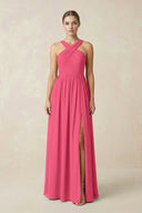 Cross Halter Neck Chiffon A-Line Bridesmaid Dress With Slit in Fuchsia - KissProm BRIDESMAID DRESSES