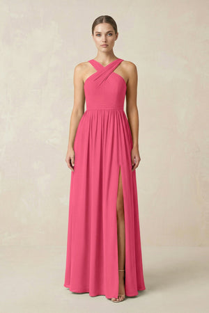 Cross Halter Neck Chiffon A-Line Bridesmaid Dress With Slit in Fuchsia - KissProm BRIDESMAID DRESSES