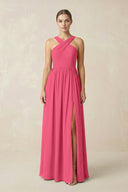Cross Halter Neck Chiffon A-Line Bridesmaid Dress With Slit in Fuchsia - KissProm BRIDESMAID DRESSES