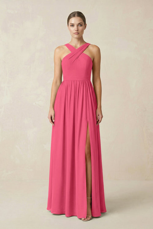 Cross Halter Neck Chiffon A-Line Bridesmaid Dress With Slit in Fuchsia - KissProm BRIDESMAID DRESSES