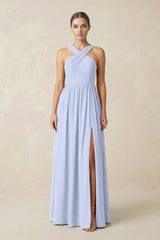Cross Halter Neck Chiffon A-Line Bridesmaid Dress With Slit in Ice - KissProm BRIDESMAID DRESSES