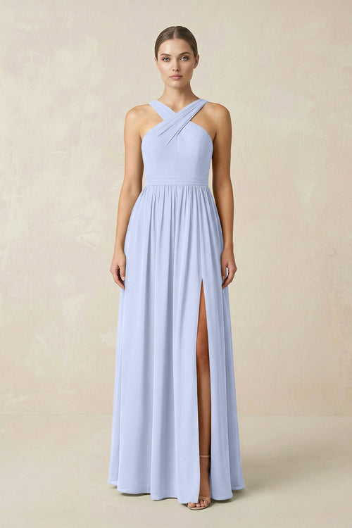 Cross Halter Neck Chiffon A-Line Bridesmaid Dress With Slit in Ice - KissProm BRIDESMAID DRESSES