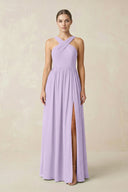 Cross Halter Neck Chiffon A-Line Bridesmaid Dress With Slit in Lavender - KissProm BRIDESMAID DRESSES