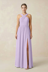Cross Halter Neck Chiffon A-Line Bridesmaid Dress With Slit in Lavender - KissProm BRIDESMAID DRESSES
