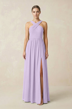 Cross Halter Neck Chiffon A-Line Bridesmaid Dress With Slit in Lavender - KissProm BRIDESMAID DRESSES