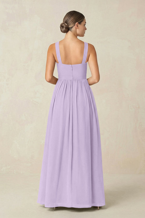 Cross Halter Neck Chiffon A-Line Bridesmaid Dress With Slit in Lavender - KissProm BRIDESMAID DRESSES