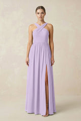Cross Halter Neck Chiffon A-Line Bridesmaid Dress With Slit in Lavender - KissProm BRIDESMAID DRESSES