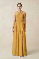 Cross Halter Neck Chiffon A-Line Bridesmaid Dress With Slit in Marigold - KissProm BRIDESMAID DRESSES