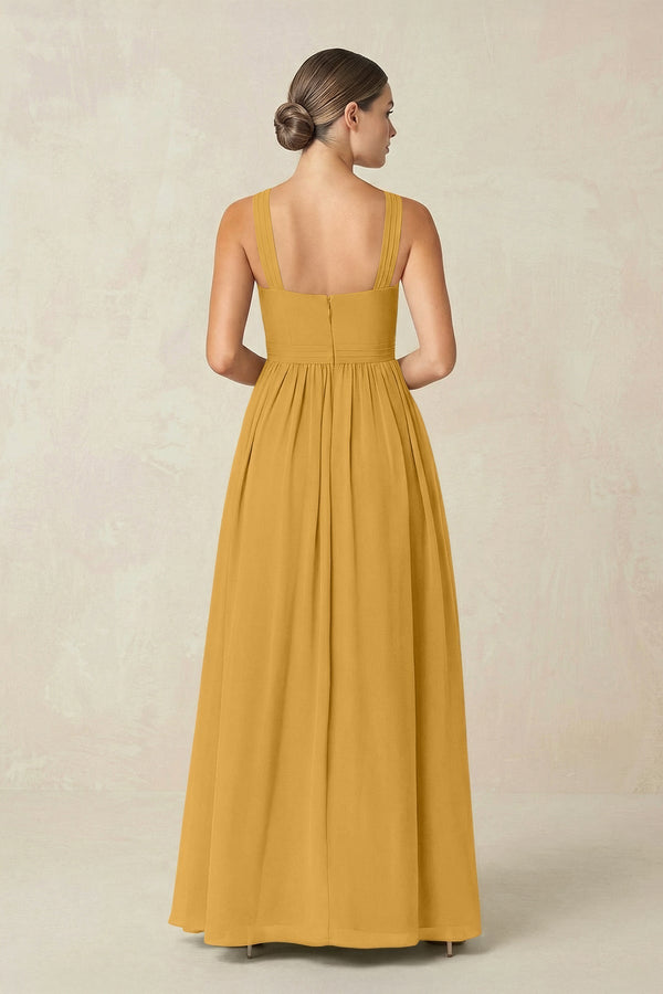 Cross Halter Neck Chiffon A-Line Bridesmaid Dress With Slit in Marigold - KissProm BRIDESMAID DRESSES