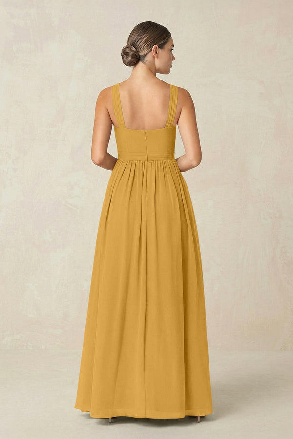 Cross Halter Neck Chiffon A-Line Bridesmaid Dress With Slit in Marigold - KissProm BRIDESMAID DRESSES
