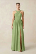 Cross Halter Neck Chiffon A-Line Bridesmaid Dress With Slit in Matcha - KissProm BRIDESMAID DRESSES