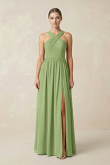 Cross Halter Neck Chiffon A-Line Bridesmaid Dress With Slit in Matcha - KissProm BRIDESMAID DRESSES