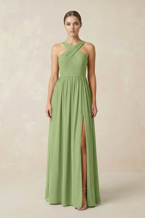 Cross Halter Neck Chiffon A-Line Bridesmaid Dress With Slit in Matcha - KissProm BRIDESMAID DRESSES