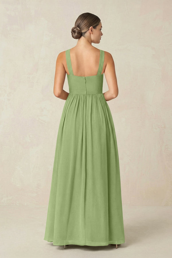 Cross Halter Neck Chiffon A-Line Bridesmaid Dress With Slit in Matcha - KissProm BRIDESMAID DRESSES