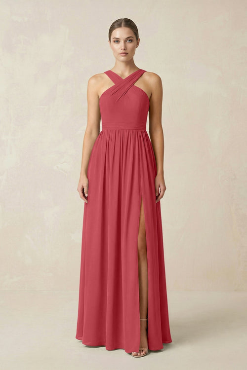 Cross Halter Neck Chiffon A-Line Bridesmaid Dress With Slit in Merlot - KissProm BRIDESMAID DRESSES