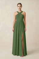 Cross Halter Neck Chiffon A-Line Bridesmaid Dress With Slit in Moss - KissProm BRIDESMAID DRESSES
