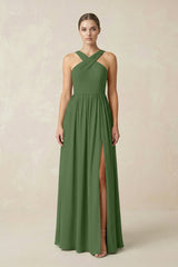 Cross Halter Neck Chiffon A-Line Bridesmaid Dress With Slit in Moss - KissProm BRIDESMAID DRESSES