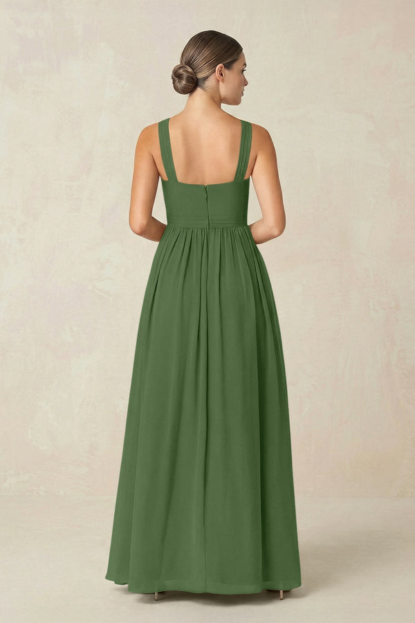 Cross Halter Neck Chiffon A-Line Bridesmaid Dress With Slit in Moss - KissProm BRIDESMAID DRESSES