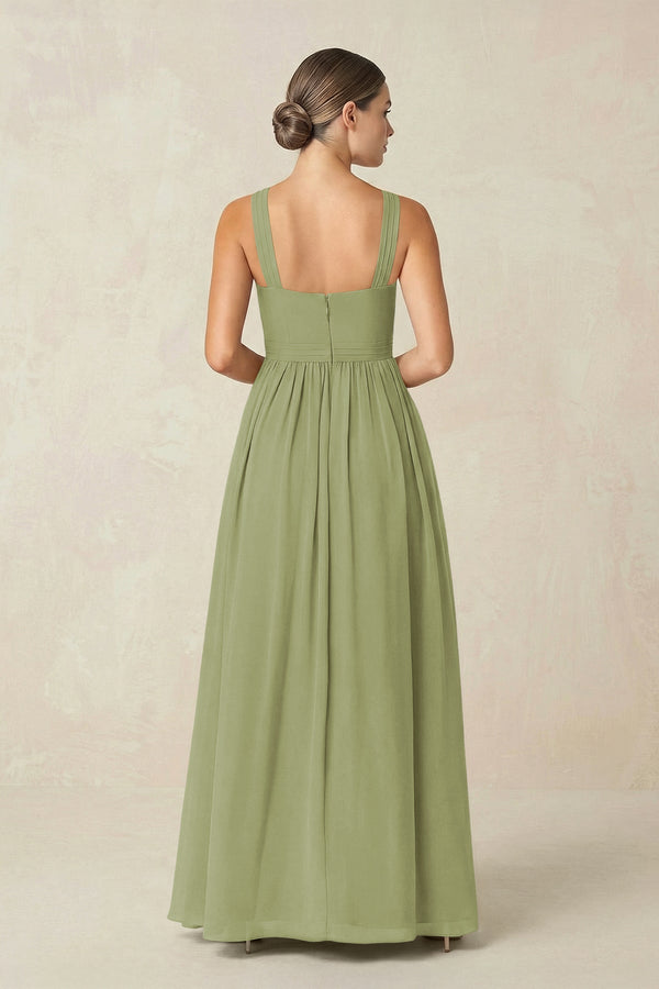 Cross Halter Neck Chiffon A-Line Bridesmaid Dress With Slit in Moss Green - KissProm BRIDESMAID DRESSES