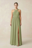 Cross Halter Neck Chiffon A-Line Bridesmaid Dress With Slit in Moss Green - KissProm BRIDESMAID DRESSES