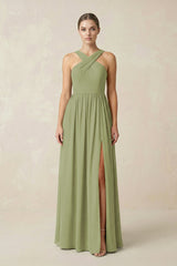 Cross Halter Neck Chiffon A-Line Bridesmaid Dress With Slit in Moss Green - KissProm BRIDESMAID DRESSES