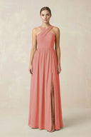 Cross Halter Neck Chiffon A-Line Bridesmaid Dress With Slit in Mulberry - KissProm BRIDESMAID DRESSES