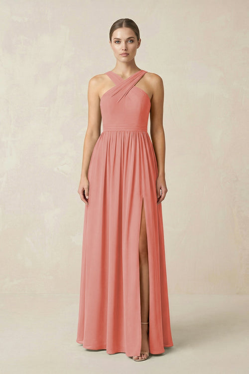 Cross Halter Neck Chiffon A-Line Bridesmaid Dress With Slit in Mulberry - KissProm BRIDESMAID DRESSES