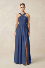 Cross Halter Neck Chiffon A-Line Bridesmaid Dress With Slit in Navy - KissProm BRIDESMAID DRESSES