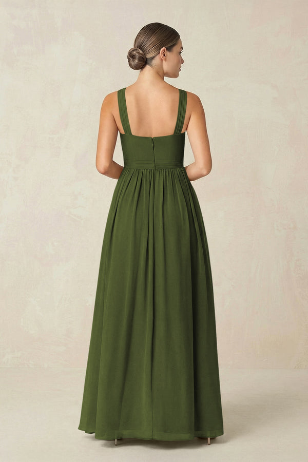 Cross Halter Neck Chiffon A-Line Bridesmaid Dress With Slit in Olive - KissProm BRIDESMAID DRESSES