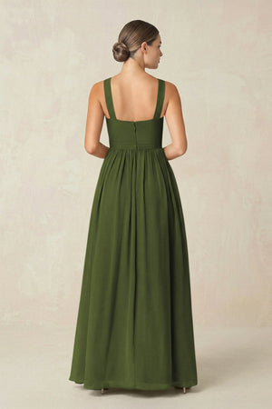 Cross Halter Neck Chiffon A-Line Bridesmaid Dress With Slit in Olive - KissProm BRIDESMAID DRESSES