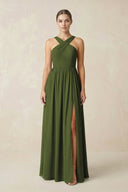 Cross Halter Neck Chiffon A-Line Bridesmaid Dress With Slit in Olive - KissProm BRIDESMAID DRESSES