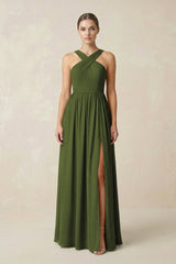 Cross Halter Neck Chiffon A-Line Bridesmaid Dress With Slit in Olive - KissProm BRIDESMAID DRESSES