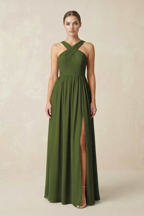 Cross Halter Neck Chiffon A-Line Bridesmaid Dress With Slit in Olive - KissProm BRIDESMAID DRESSES