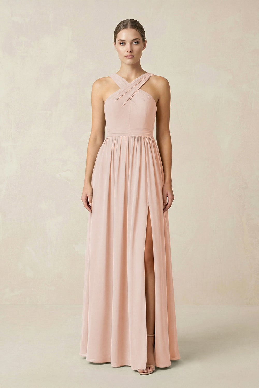 Cross Halter Neck Chiffon A-Line Bridesmaid Dress With Slit in Pale Blush - KissProm BRIDESMAID DRESSES