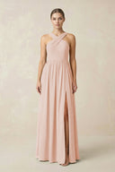 Cross Halter Neck Chiffon A-Line Bridesmaid Dress With Slit in Pale Blush - KissProm BRIDESMAID DRESSES