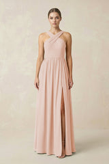 Cross Halter Neck Chiffon A-Line Bridesmaid Dress With Slit in Pale Blush - KissProm BRIDESMAID DRESSES