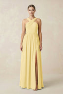 Cross Halter Neck Chiffon A-Line Bridesmaid Dress With Slit in Pastel Yellow - KissProm BRIDESMAID DRESSES