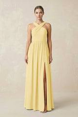 Cross Halter Neck Chiffon A-Line Bridesmaid Dress With Slit in Pastel Yellow - KissProm BRIDESMAID DRESSES